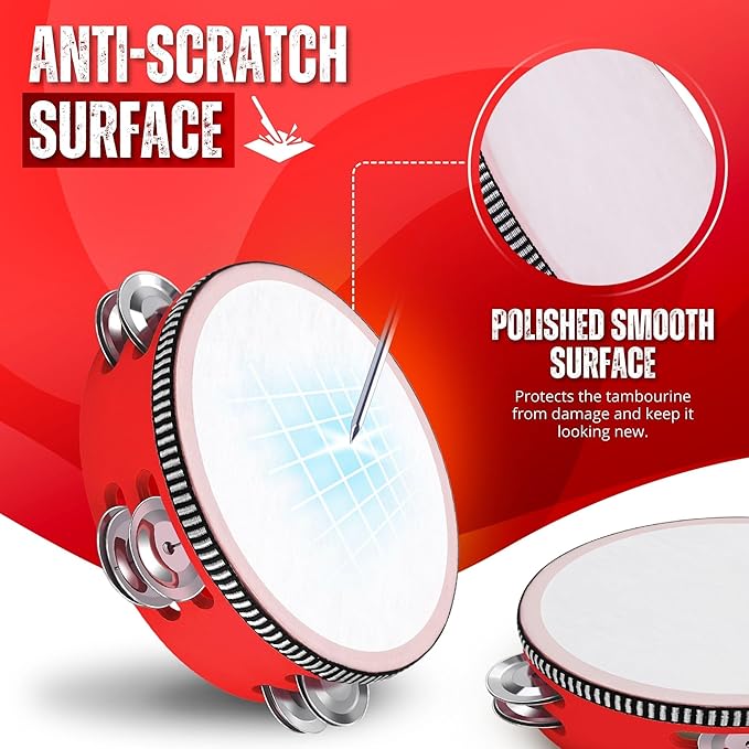 Flexzion Wood Handheld Tambourine Adults 6-Inch Double Row 8-Pair Jingles (Red) - Percussion Round Tamborines Musical Instrument with Metal Zills