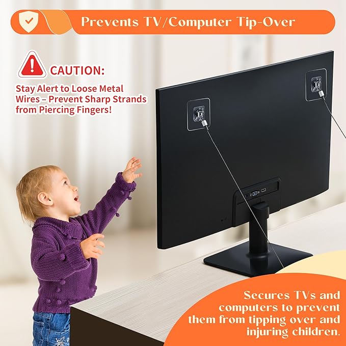 8 Pack 40" TV Safety Stainless Steel Straps Adjustable, Adhesive Anti-Tip Furniture Anchor for Flat Screen, TV and Furniture Safety Straps for Baby Proofing