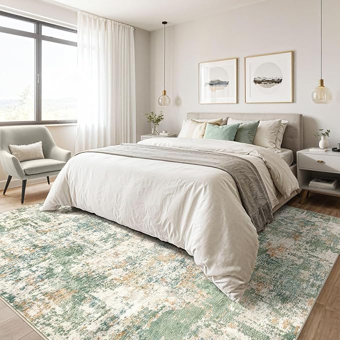 Area Rugs 9x12 Living Room: Washable Large Abstract Soft Green Rug Stain Resistant Indoor Floor Non-Slip Accent Carpet for Men Modern Home Enthusiasts Aged 25-45 - Bedroom Office Playroom