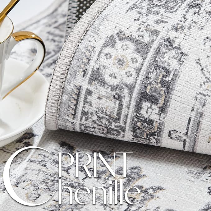 jinchan Hallway Runner Rug 3x8 Machine Washable Runner Rug Grey Vintage Floral Design Non-Slip Low Pile Ultra-Thin for Kitchen Laundry Room Bedroom Farmhouse (3‘x8',Grey)