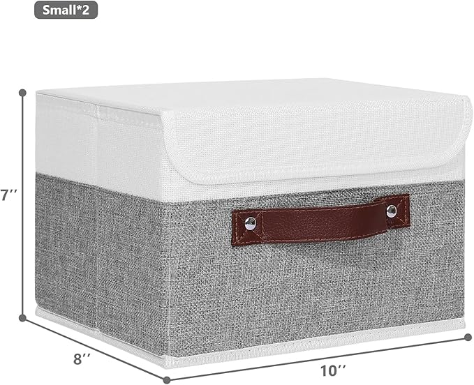 ANMINY 2PCS Storage Boxes with Lid Washable Decorative Storage Bins Basket with PU Leather Handle Foldable Linen Fabric Storage Cubes Containers for Home Closet Organizer - Gray White, Small Size