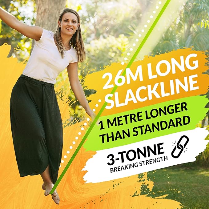 85ft Slackline Kit for Kids and Adults | Beginner Friendly Slackline | Slack Line Set with Tree Protectors, Cotton Carry Bag & Steel Ratchet | Outdoor Gym for Kids