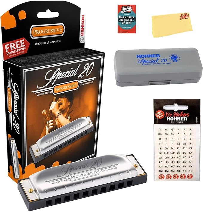 Hohner 560 Special 20 Harmonica - Key of A Bundle with Carrying Case, Key Stickers, Harmonica Beginner Manual, and Austin Bazaar Polishing Cloth