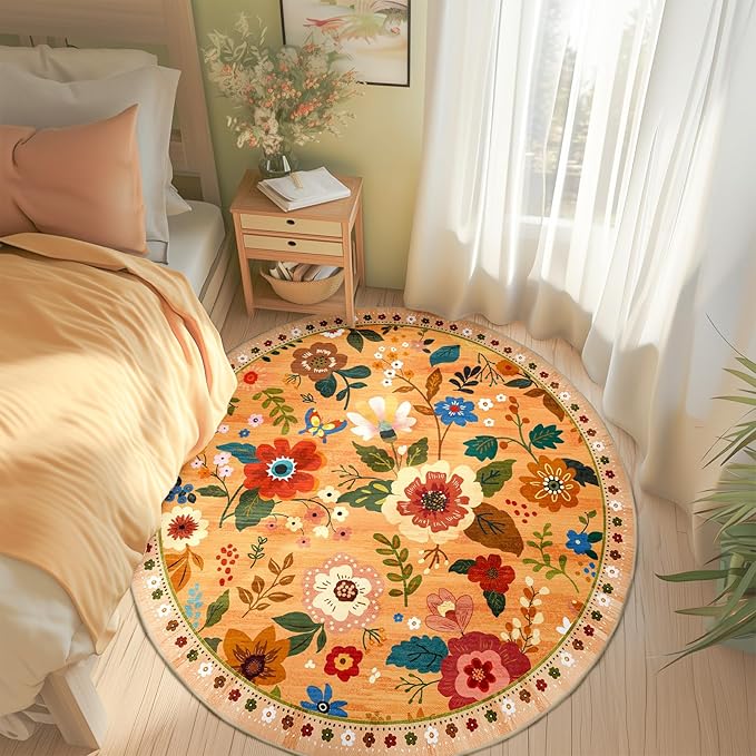 Floral 4ft Area Rug Machine Washable Soft Print Boho Carpet Non Slip Doormat Low Pile Flower Area Rugs for Living Room Bedroom Nursery Kitchen Dining Room Indoor-Yellow/Orange