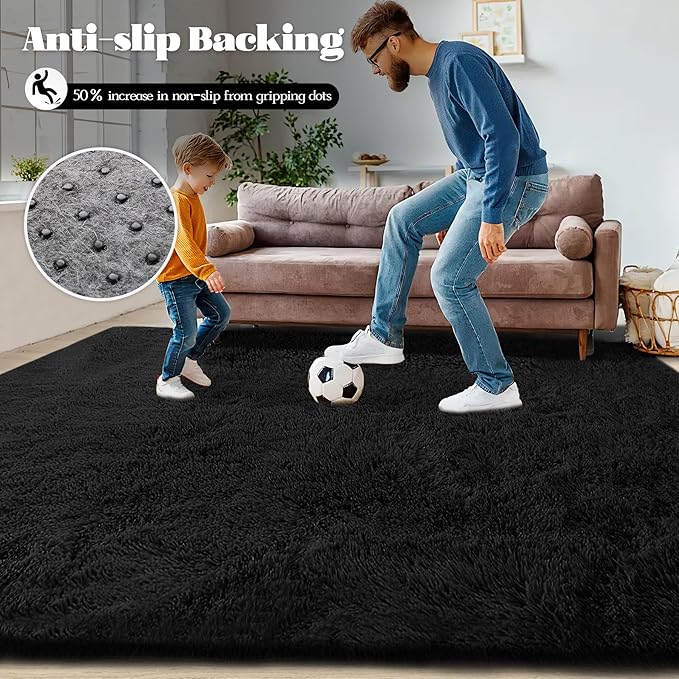 6x9 Area Rug for Living Room: Fluffy Shag Soft Washable Rugs Large Fuzzy Plush Indoor Carpet for Bedroom Nursery Playroom Kids Girls Boys Room (Black, 6'x9')