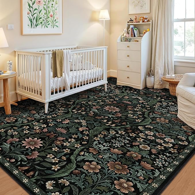 5×7 Black Washable Floral Area Rug,Vintage Boho Soft Low-Pile Living Room Rugs, Stain Resistant Botanical Non-Slip Carpet for Bedroom,Dining Room, Kids Nursery,Home Decor