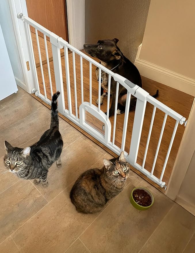 Babelio 29-48" Extra Wide Baby Gate with Adjustable Cat Door,Easy Install Pressure/Hardware Mounted,Auto Close Pet door for Stairs,House,Doorways,Effortless Walk Thru,White