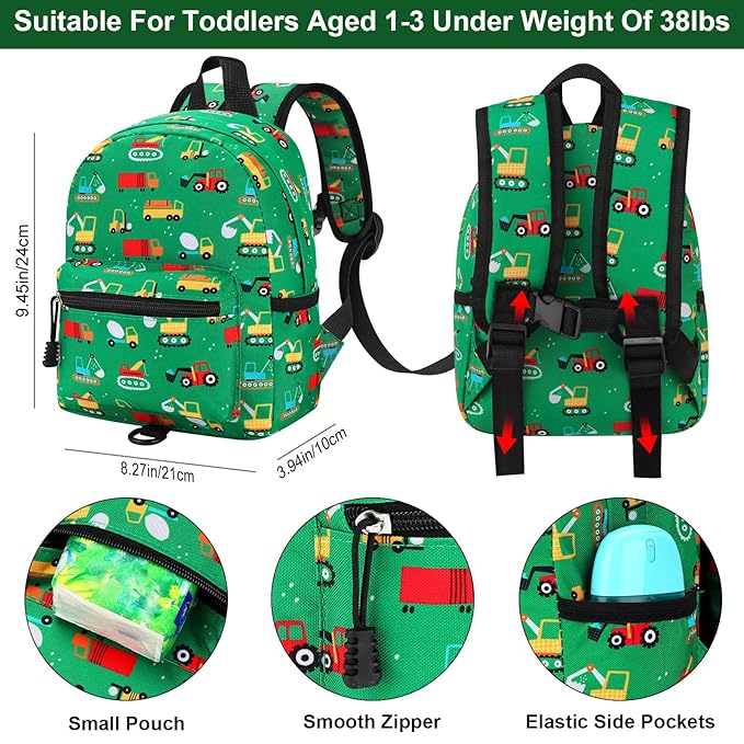 Accmor Toddler Backpack with Leash, Cute Baby Backpack with Anti Lost Wrist Link, Mini Kids Backpack Leash Walking Harness for Travel, Small Excavator Backpack Tether for Boys Girls Ages 1-3 (Green)