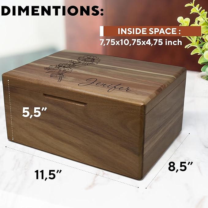 Flower Keepsake Boxes for Women - Engraved Flying Butterflies Box Name, Personalized Gifts for Teen Girls or Daughter, Floral Gift Box Acacia, Custom Wood Box Memento Storage, 11.5x8.5x5.5 in