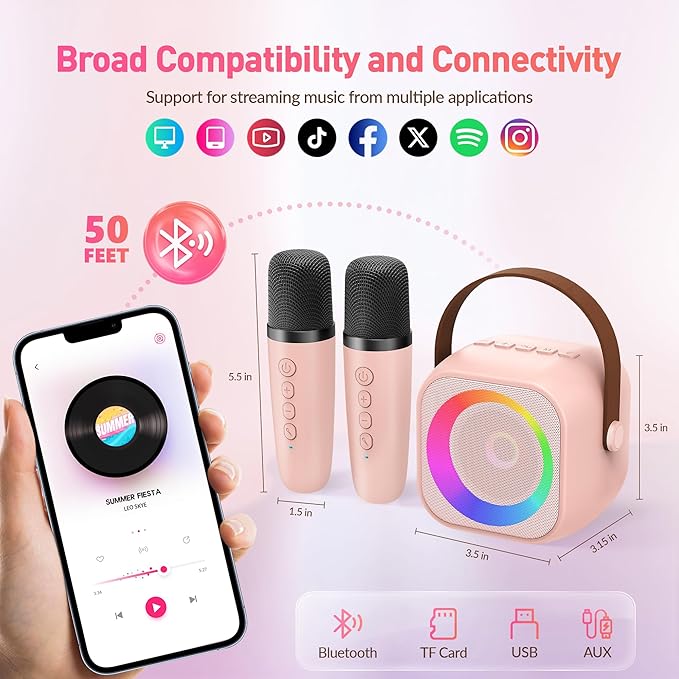 Karaoke Machine for Kids Adults, Mini Portable Bluetooth Karaoke Speaker with 2 Wireless Microphone and Lights, Christmas Birthday Gifts for Girls Ages 4, 5, 6, 7, 8, 9, 10, 12+ Family Home Party