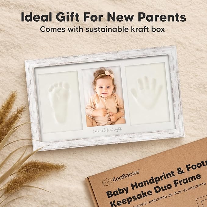 Baby Hand and Footprint Kit - Clay Handprint Keepsake Frame, Newborn Nursery Picture Frame, Personalized New Mom Gifts for Baby Shower & Registry (Vintage White)
