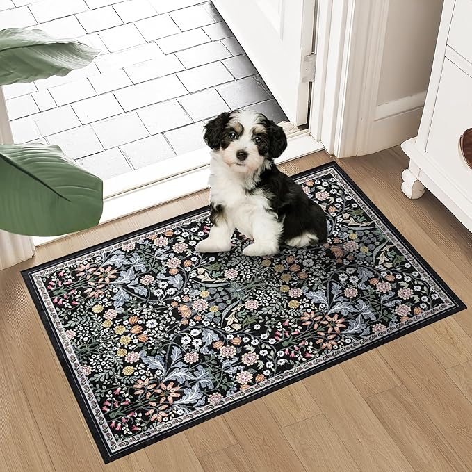 Entryway Rug 2X3 Small Rugs: Floral Washable Door Mat Vintage Soft Low Pile Non-Slip Kitchen Rugs Stain Resistant Indoor Throw Rug for Entrance, Bedroom, Kitchen, Laundry, Bathroom Dark Black