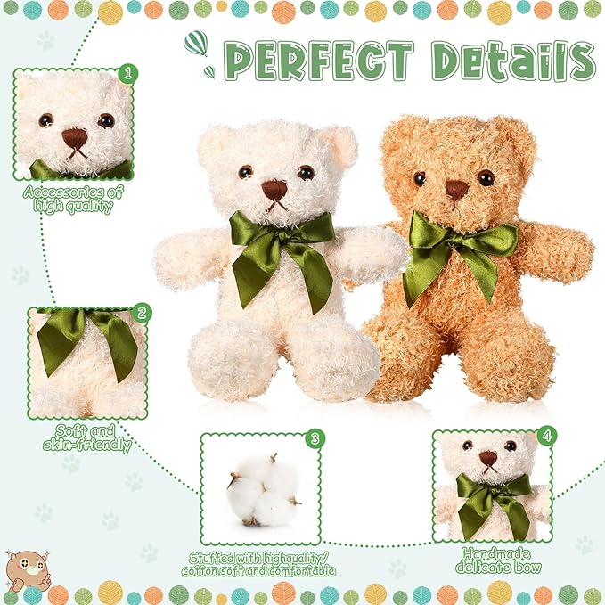 HyDren 12 Pack Bear Stuffed Animals 10 Inch Operation Christmas Bulk Items Small Bear Party Favors Plush Toys for Baby Shower Centerpiece Christmas Birthday Gifts(White, Light Brown, Dark Brown)