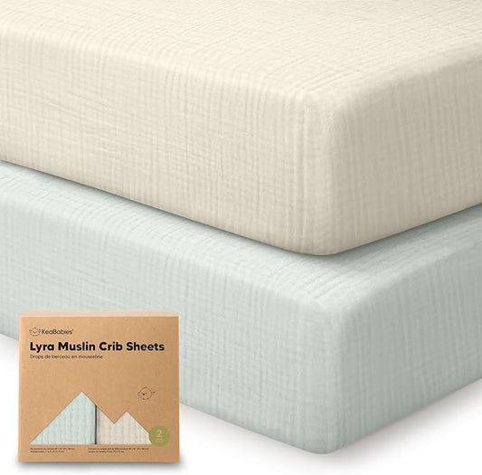KeaBabies 2-Pack Muslin Crib Sheets for Boys, Girls - 100% Organic Cotton Fitted Baby Crib Mattress Sheet, Soft Breathable Standard Toddler Bed Cover Bedding Set, Neutral, Durable 52x28 (Willow)