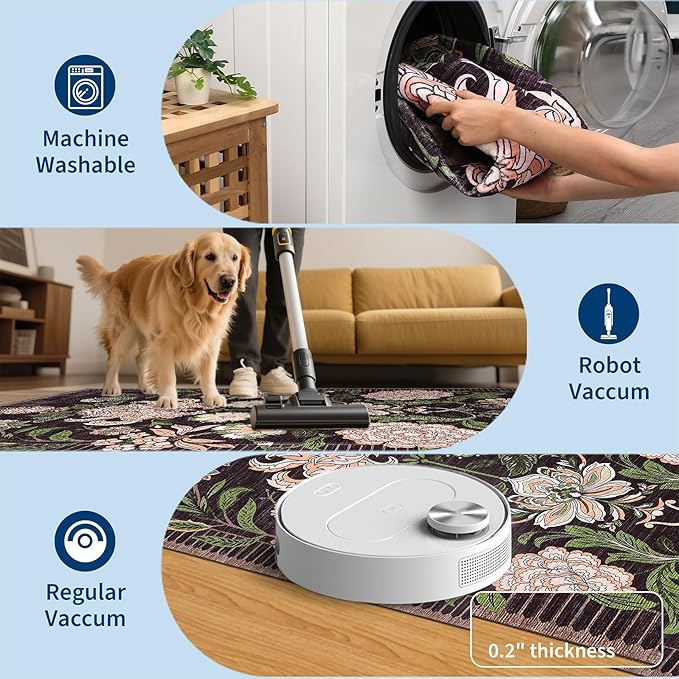 GarveeHome Plum Pink Floral Botanical 2x6 Washable Kitchen Runner Rugs Non Slip Black Purple Vintage Boho Cottage Long Rug for Hallways Bedroom Entryway Bathroom Mat with Rubber Back