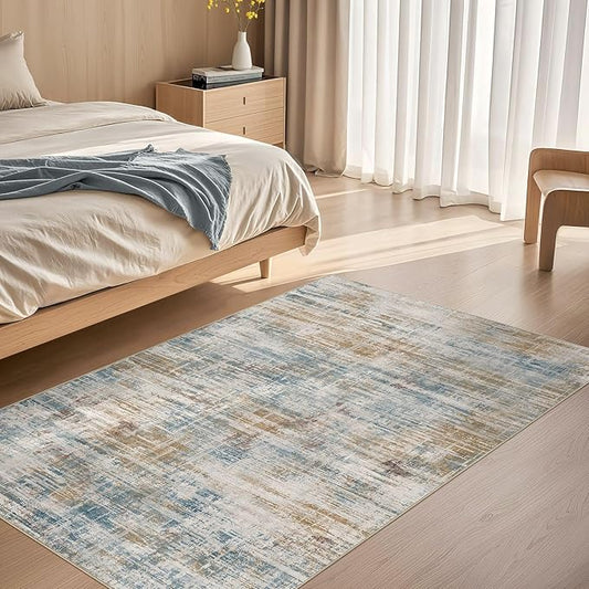 Area Rug for Living Room: 3x5 Washable Neutral Abstract Modern Soft Rugs Non Slip Indoor Floor Stain Resistant Carpet for Bedroom Dining Room Office Nursery - Blue Brown