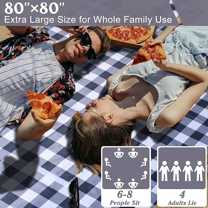 80"x80" Extra Large Waterproof Outdoor Mat - Sandproof Foldable Picnic Blanket for Family Camping, Backyard, Beach Parties - Heavy Duty & Easy Storage (Gray&White)