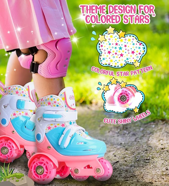 Adjustable Roller Skates for Kids Girls Ladies with Light Up Flash LED Wheels(Age 3-9),Three-Point Type Balance,Gift Box Packing for Toddlers,Children