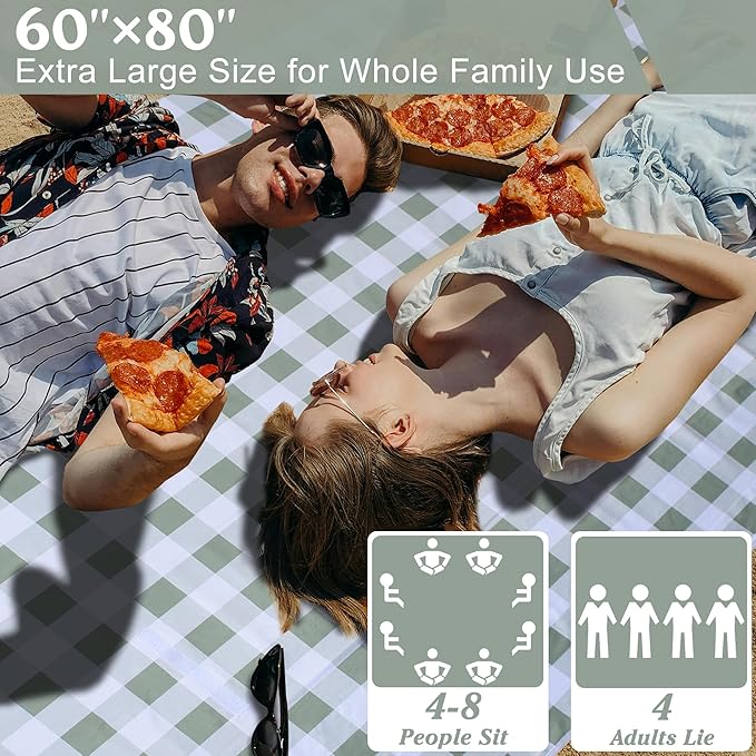 80"x60" Waterproof Sandproof Picnic Mat - Portable Foldable Outdoor Blanket for Beach, Park, Travel & Indoor Use - Lightweight Compact Design, Easy-Carry (Green&White)