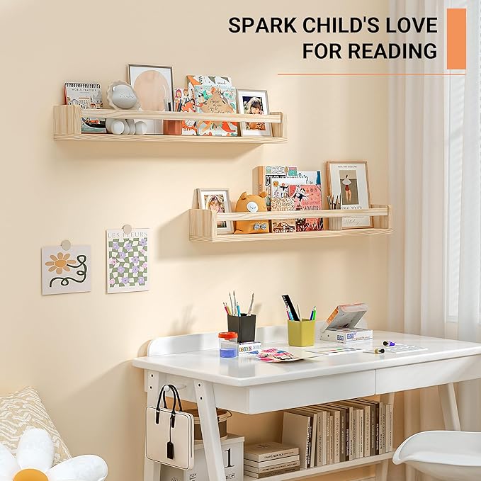 Heimlove 32 Inch Nursery Floating Shelves, Wood Nursery Book Shelves for Wall, Wall Bookshelf for Kids Solid Wood Wall Mounted Shelves for Books,Toys and Decor Storage, Set of 2