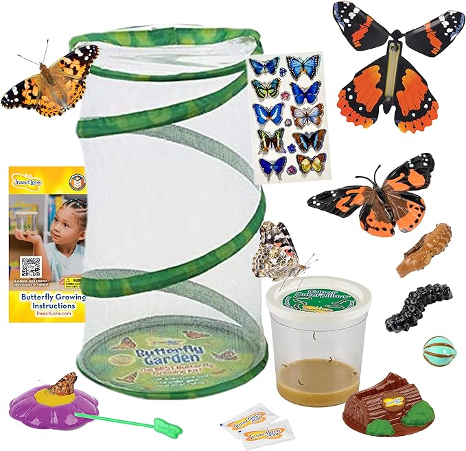 Insect Lore Butterfly Garden - 8" Habitat with 5 Live Baby Caterpillars - Includes Life Cycle Figurines, Stickers, Wind up, Mini Habitat | Birthday or Teacher Gift Set