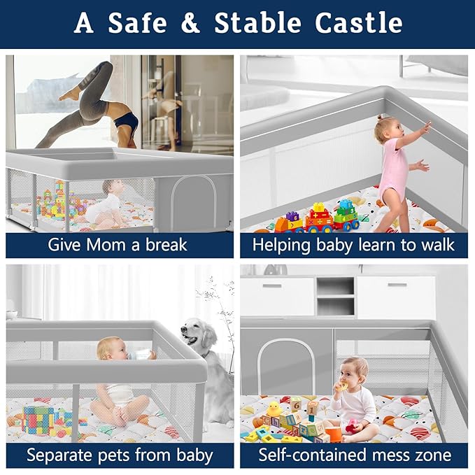 74x50 Inch Baby Playpen with Mat, Playpen with Cute Mat for Babies and Toddlers Play Pen Playards Safety Gate Fence Active Center Indoor