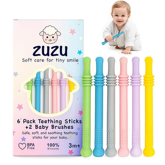 Babies Teether Teething Toys , Montessori Toy Teethers for 0-36 Months, Infant Sensory Relief Teething Stick Toys, Parent Baby Essentials, Baby Gift Teether – BPA‑Free, Food‑Grade Silicone 6 Pack