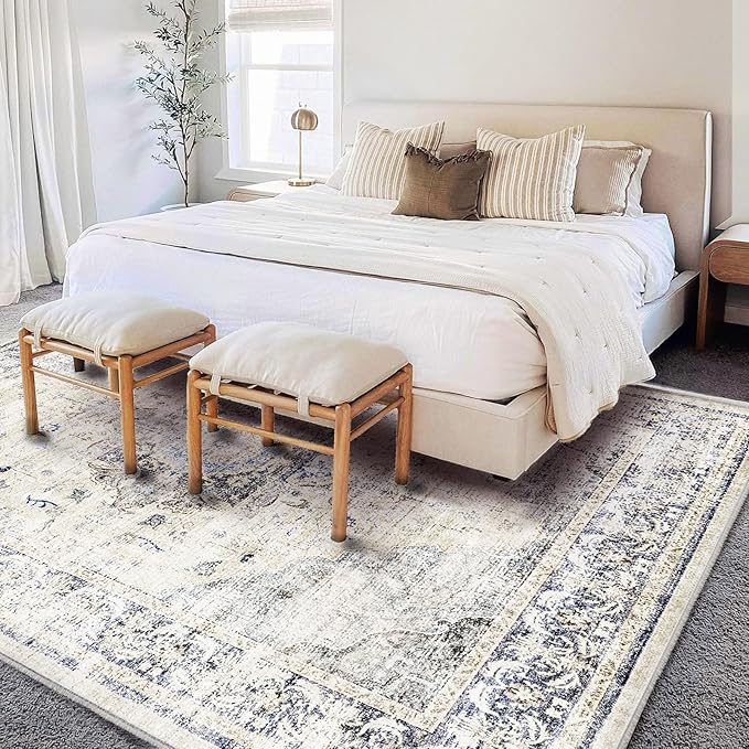 Area Rug 6'x9' Washable Floral Blue Vintage Traditional Floor Cover Thin Retro Kitchen Indoor Distressed Non Slip Carpet for Living Room Bedroom Dining Room