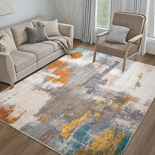 Kelarea Living Room Rug, 5x7 Rug Modern Abstract Washable Rugs Grey Faux Wool Vintage Carpets, Non Slip Rug for Bedroom, Dining Room, College Dorm, Kids Playroom, Home Office