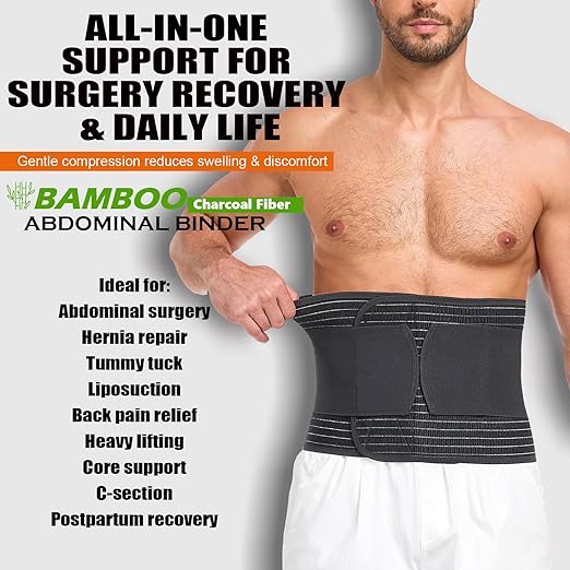 Abdominal Binder for Men and Women – Post Surgery & Postpartum Recovery Hernia Support Belt Waist Trainer for Men Adjustable Compression Wrap (Black,S)