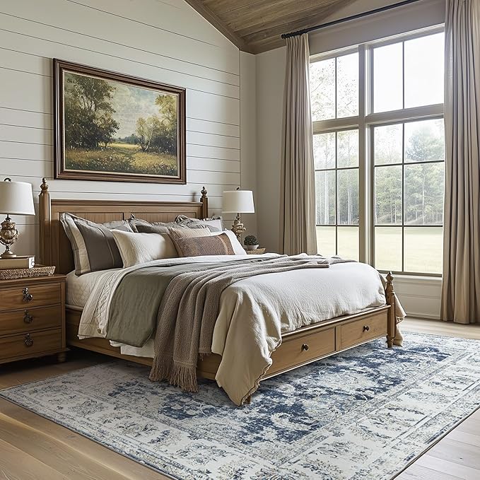 jinchan 8x10 Area Rugs for Living Room Machine Washable Vintage Floral Distressed Design Stain Resistant Boho Carpet Low Pile Non-Slip Rug for Bedroom Dining Room Home Office (8‘x10',Dark Blue)