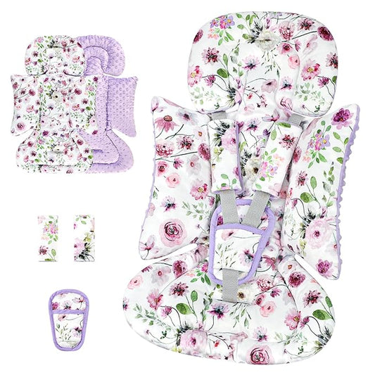 3-in-1 Infant Car Seat Insert, Soft Head and Body Support,Ultra & Strap Covers Set, Reversible Newborn Car Seat Cushion Pad for Baby Boy & Girl fits Stroller, Swing, Bouncer (Purple Flowers)
