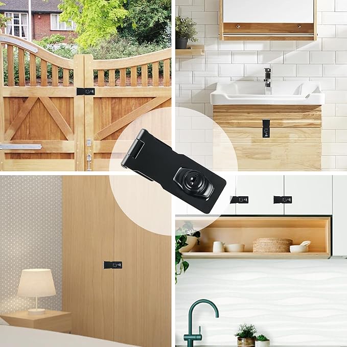 Alise Keyed Hasp Lock,4 Inch Safety Packlock Clasp Hasps Latch,Black Door Hinge Lock with Keys Keyed Locking Hasps for Cabinet,Closet,Drawer, Barn,Fence,Garage Doors