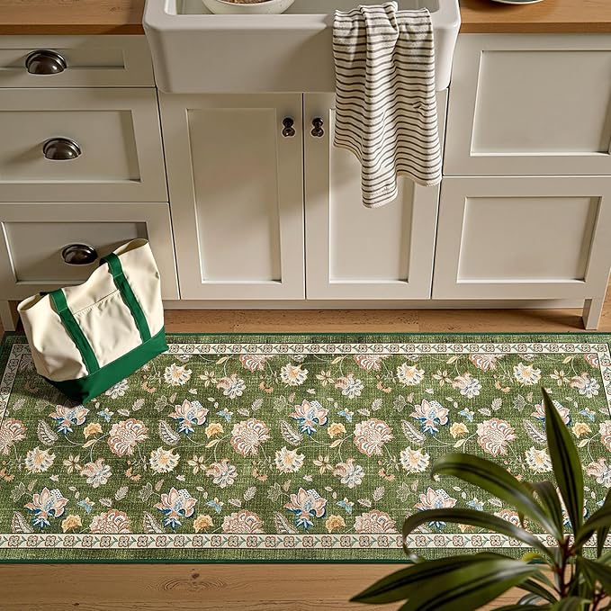 jinchan 2x5 Floral Runner Rug for Hallway Washable Kitchen Runner Vintage Romance Design Non Slip Thin Indoor Floor Cover Low-Profile Throw Carpet for Entryway Bathroom Bedroom Porch, Green