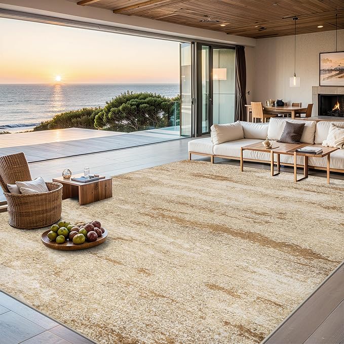 Area Rugs Living Room Rug - 5x7 Washable Modern Abstract Soft Neutral Non-Slip Carpet Large Indoor Floor Stain Resistant Thin Carpets for Bedroom Dining Room Farmhouse Nursery Home Office Beige