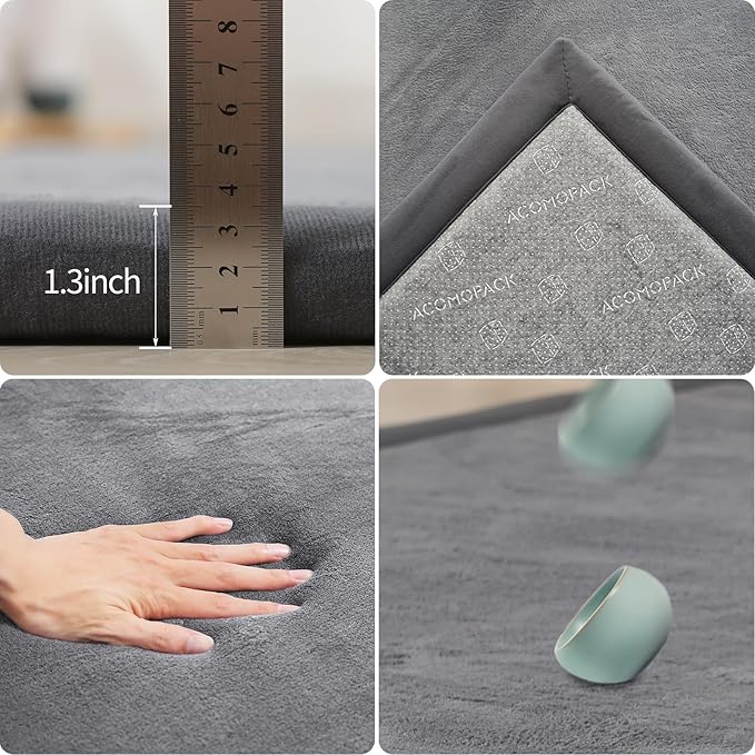ACOMOPACK Baby Play Mat for Floor 1.3" Thick Memory Foam Play Mat 71"×79" Tummy Time Crawling with Non-Slip Bottom for Living Room,Nursery,Soft Velvet Playpen Mats for Kids,Infants（Dark Grey）