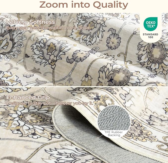 Floral 8x10 Area Rugs for Living Room, Washable Large Bedroom Rug, Soft Non Slip Carpet, Stain Resistant Low Pile Carpets for Indoor Under Table Dining Home Office Nursery, Beige