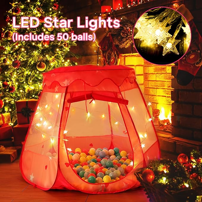Baby Ball Pit for Toddler with 50 Balls, Pop Up Princess Tent with Star Lights for 1 2 3 Year Old Birthday Gift, 12-18 Months Baby Girl Toys with Carrying Bag, Indoor&Outdoor Play Tent for Kids