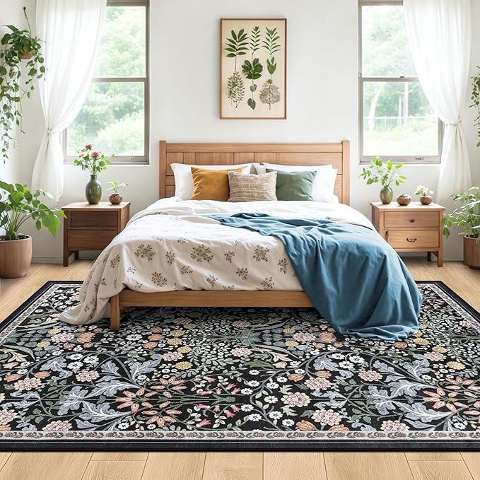 Area Rug Living Room Rugs: Floral 5x7 Washable Rug Vintage Soft Boho Non-Slip Carpet Indoor Stain Resistant Large Carpets for Bedroom Dining Room Farmhouse Nursery Hallway Home Office Dark Black