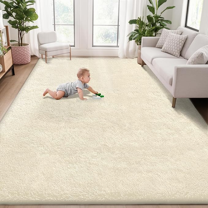 5x8 Area Rug for Living Room: Fluffy Shag Soft Washable Rugs Fuzzy Plush Indoor Carpet for Bedroom Nursery Playroom Dorm Kids Girls Boys Room (Cream White, 5'x8')