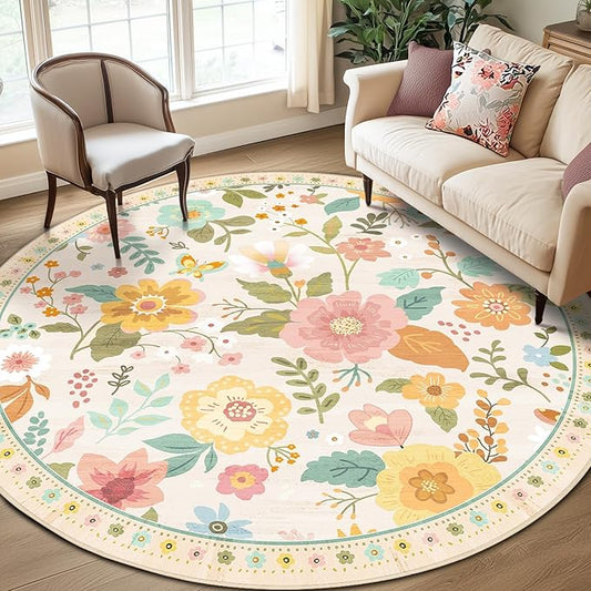 Floral 8ft Area Rug Machine Washable Soft Print Boho Carpet Non Slip Doormat Low Pile Flower Area Rugs for Living Room Bedroom Nursery Kitchen Dining Room Indoor-Beige/White/Orange