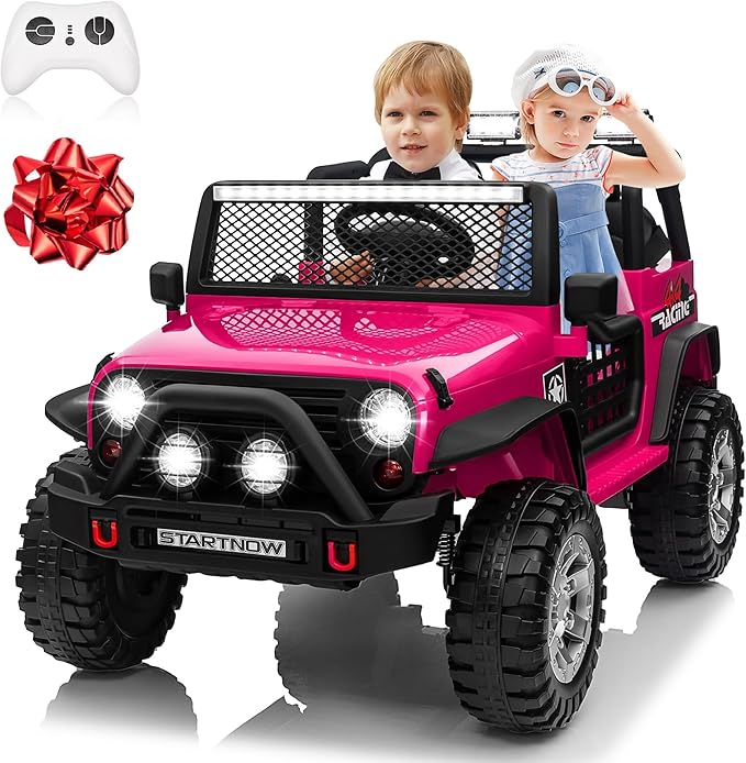 24V 4WD Ride on Truck Car w/800W Motors, Gift Flower, Remote Control, 2 Seaters, Light Bar, 3 Speeds, Pop Music, Power Four Wheels, 24 Volt Ride on Toy Car for Big Kids, Rose Red