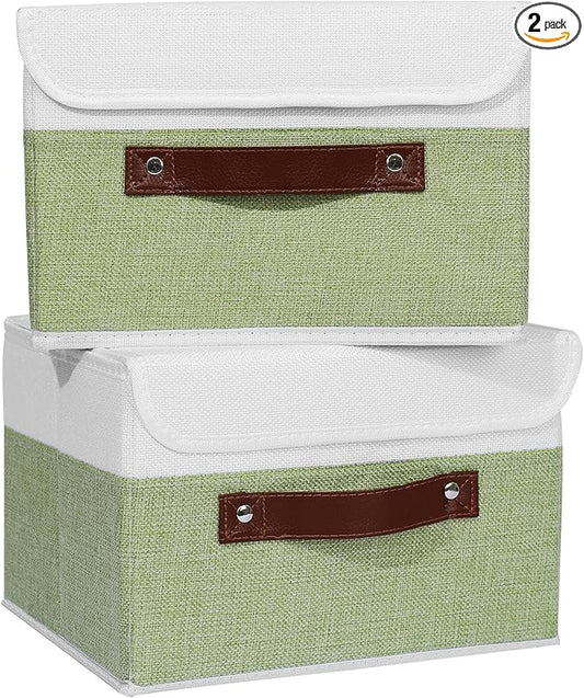 ANMINY 2PCS Storage Boxes with Lid Washable Decorative Storage Bins Basket with PU Leather Handle Foldable Linen Fabric Storage Cubes Containers for Home Closet Organizer - Green White, Small Size