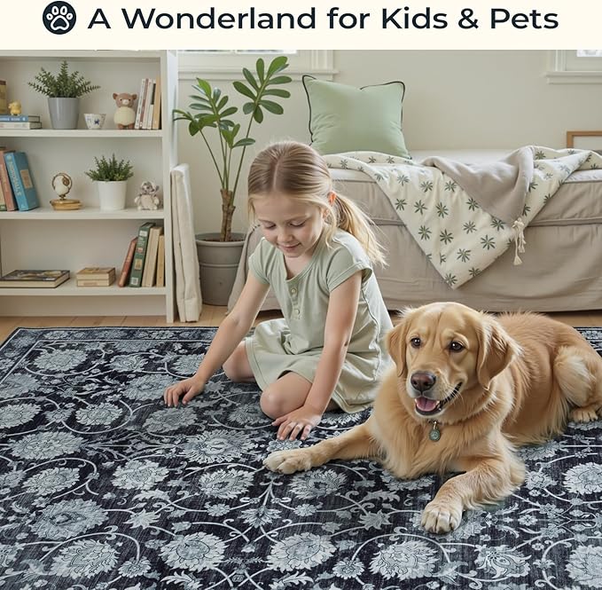 6x9 Area Rug for Living Room & Bedroom, Washable Non-Slip Vintage Distressed Rugs, Floral Soft Carpet, Low Pile Wool Carpets for Indoor Dining Home Office Playroom Under Table, Black