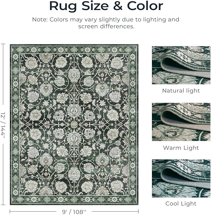 Floral 9x12 Area Rugs for Living Room, Washable Large Rug, Vintage Soft Carpet, Non Slip & Low Pile, Wool Carpets for Indoor Bedroom Dining Home Playroom Office Under Table, Dark Green