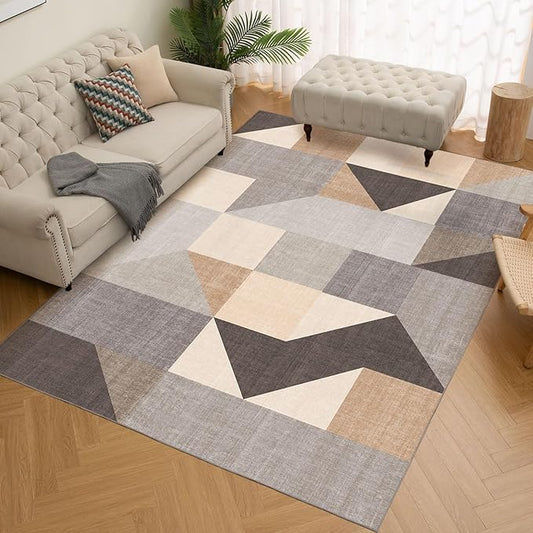 HOMFINE Washable Modern Area Rug - Geometric Style 9x12 Rugs for Living Room, Bedroom, Machine Washable Rug Soft Non Slip Non Shedding Area Rug - Grey Brown, 9'x12'