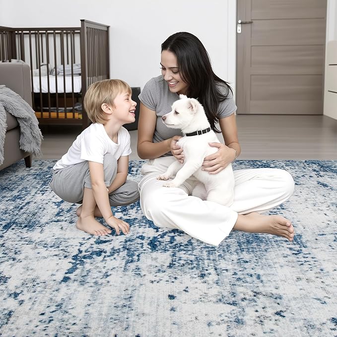 9x12 Area Rug Living Room Rug: Washable Modern Abstract Soft Thin Rug Indoor Floor No Slip Stain Resistant Carpet for Bedroom Dining Room Farmhouse Nursery Home Office - Blue