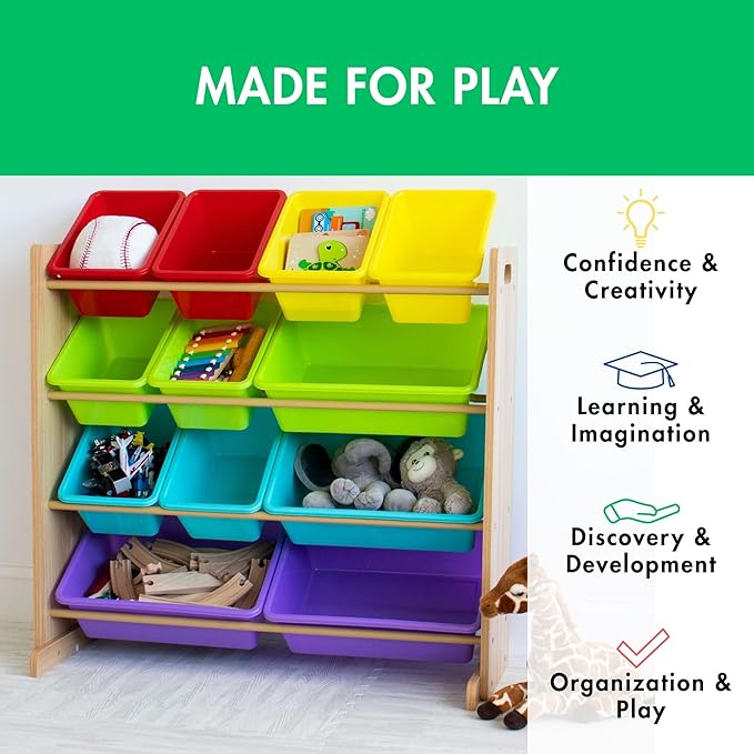 Humble Crew Kids Toy Storage Organizer with 12 Plastic Bins, Natural Wood/Rainbow – Removable Bins for Playroom, Bedroom, Toddler Furniture for Boys and Girls Ages