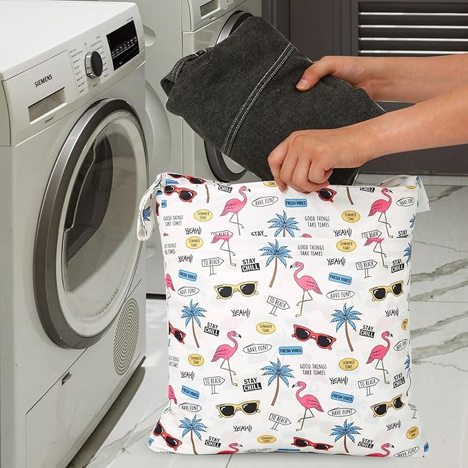 2pcs Travel Waterproof Laundry Bag, Cloth Diaper Wet Dry Bags with Handle & 2 Zipper Pockets, Reusable Washable Dirty Clothes Bag for Baby Adult Travelling Hanging, Bathing Beach Pool Daycare