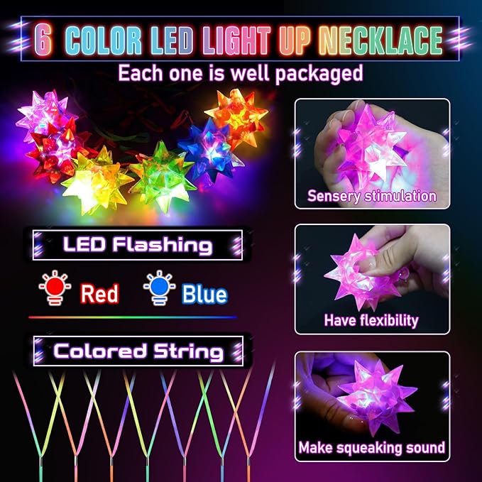 HONLYNE150 PCS Flashing Crystal Star Necklaces, Glow Necklaces Bulk Light up Party Favors, LED Glow in The Dark Necklaces for Kids Adults Birthday Glow Party Rave Halloween Goodie Bags Filler
